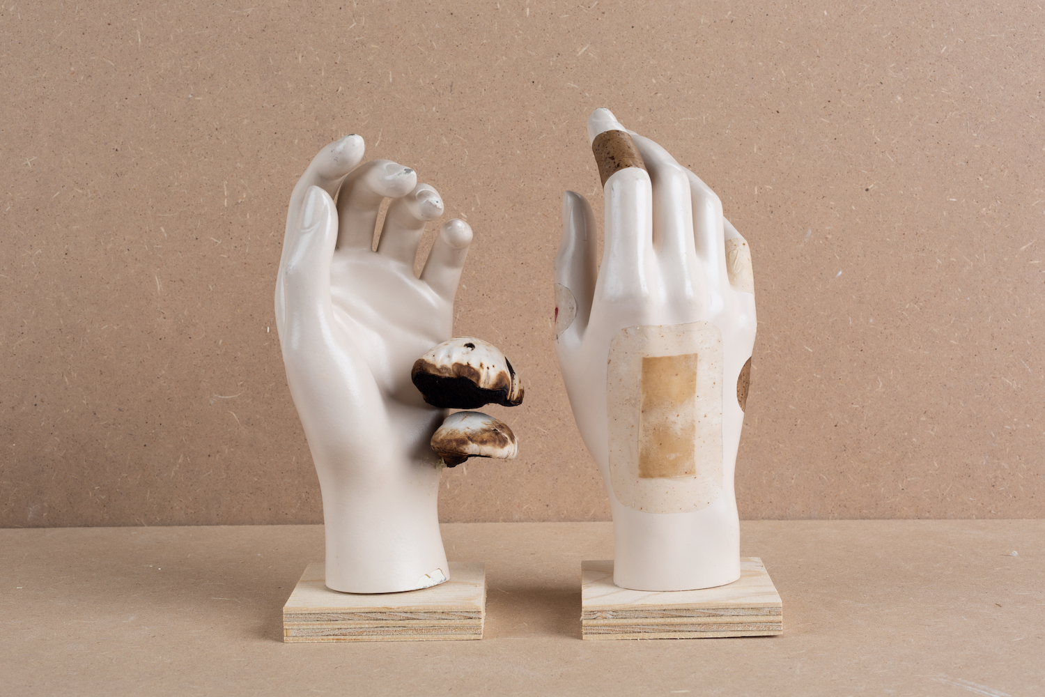 Fake white hands with biomaterial bangades