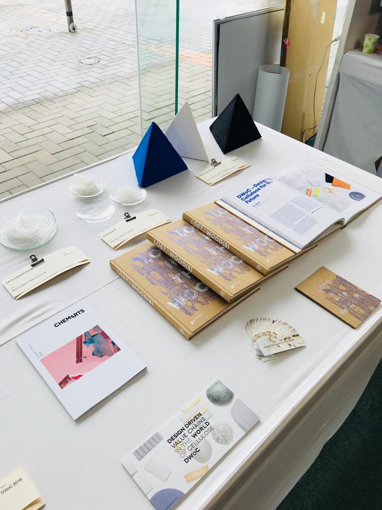 CHEMARTS material samples and research publications on display in Japan.