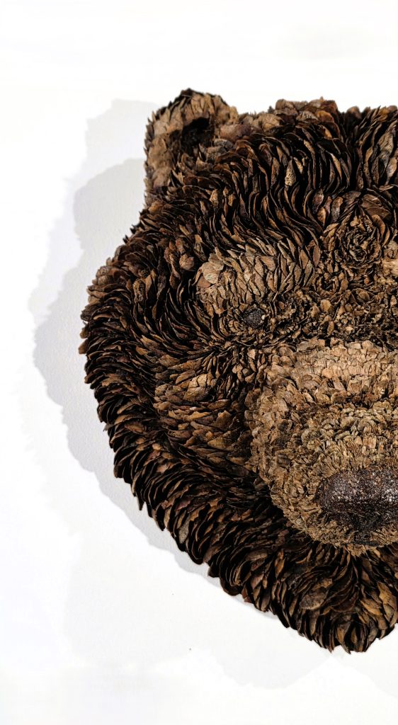 Bear head made out of cones.